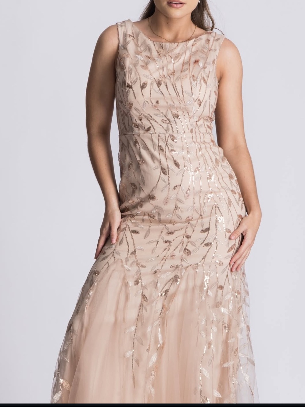 HY Formal Gown with Sequin/Embroidered Leaf Pattern & Tulle Trumpet Hem 12 NWT